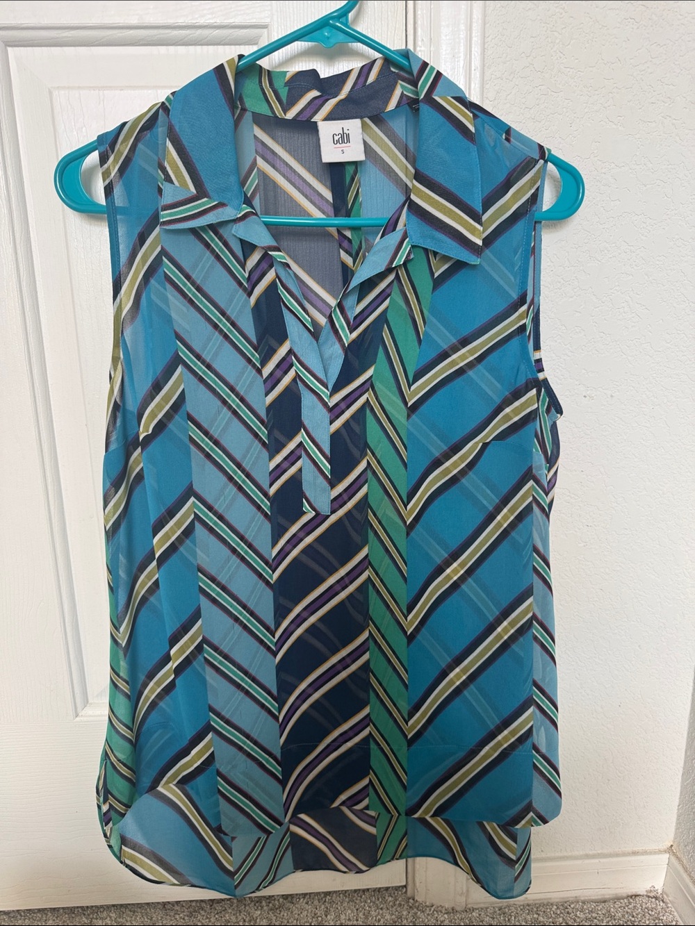 CAbi Teal Navy Green Striped Sleeveless Collared Camisole